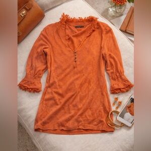 Elie Tahari Coral Orange Ruffled 3/4 Sleeve Blouse Size XS Cashmere COTTAGECORE